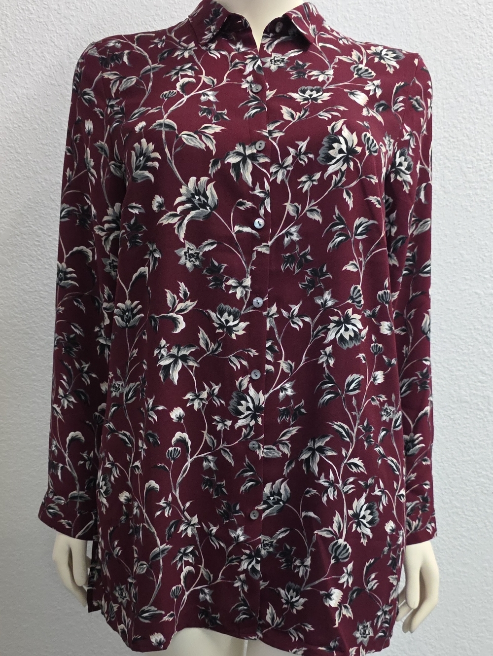 J.Jill Burgundy Floral Button Collar Blouse Women's L Tall
